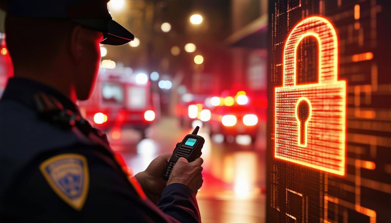 A police officer trying to use a handheld radio, but blocked by a digital padlock between the device and the other responders