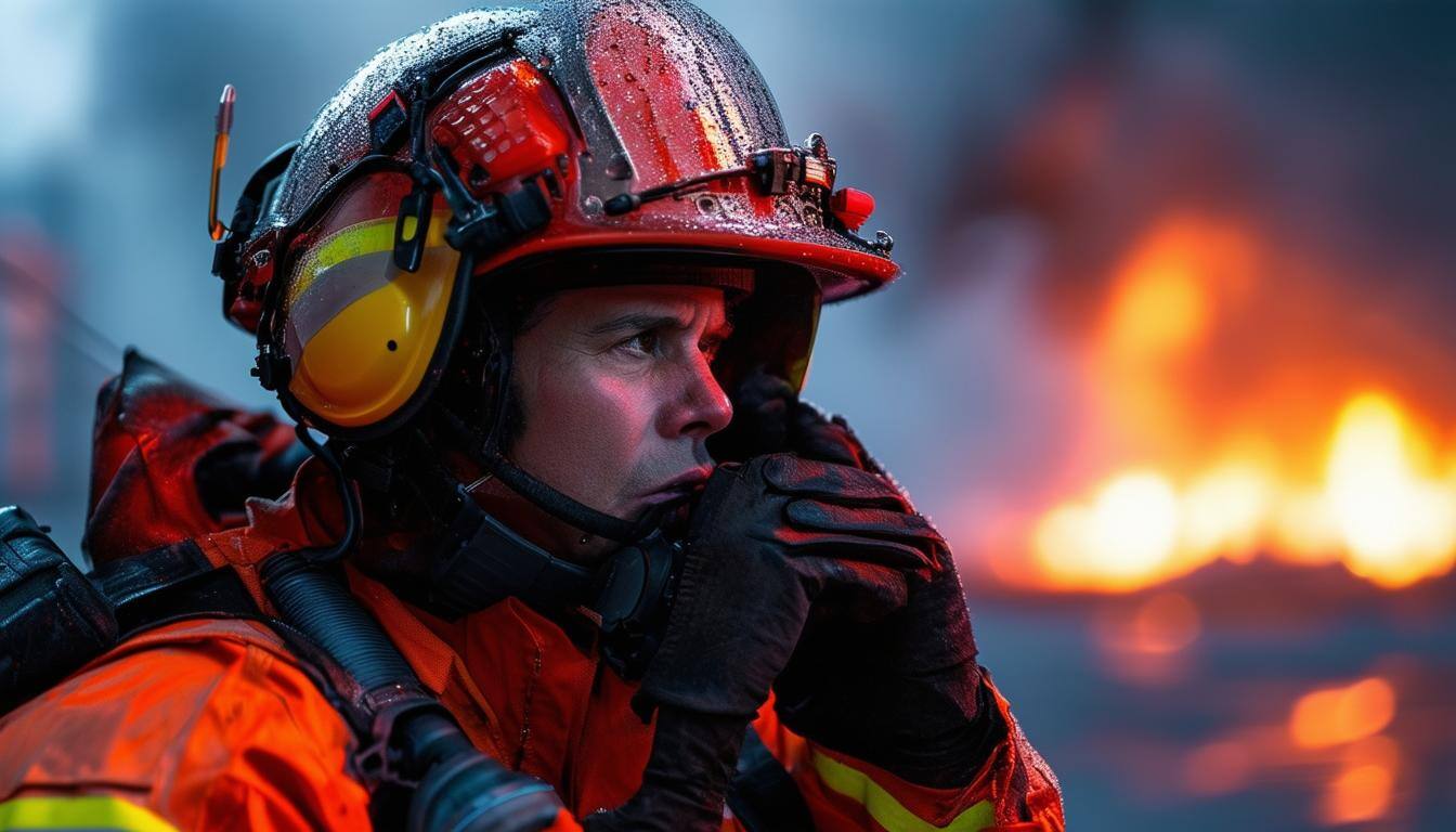 A futuristic image of a first responder at a disaster scene talking on a PTT radio