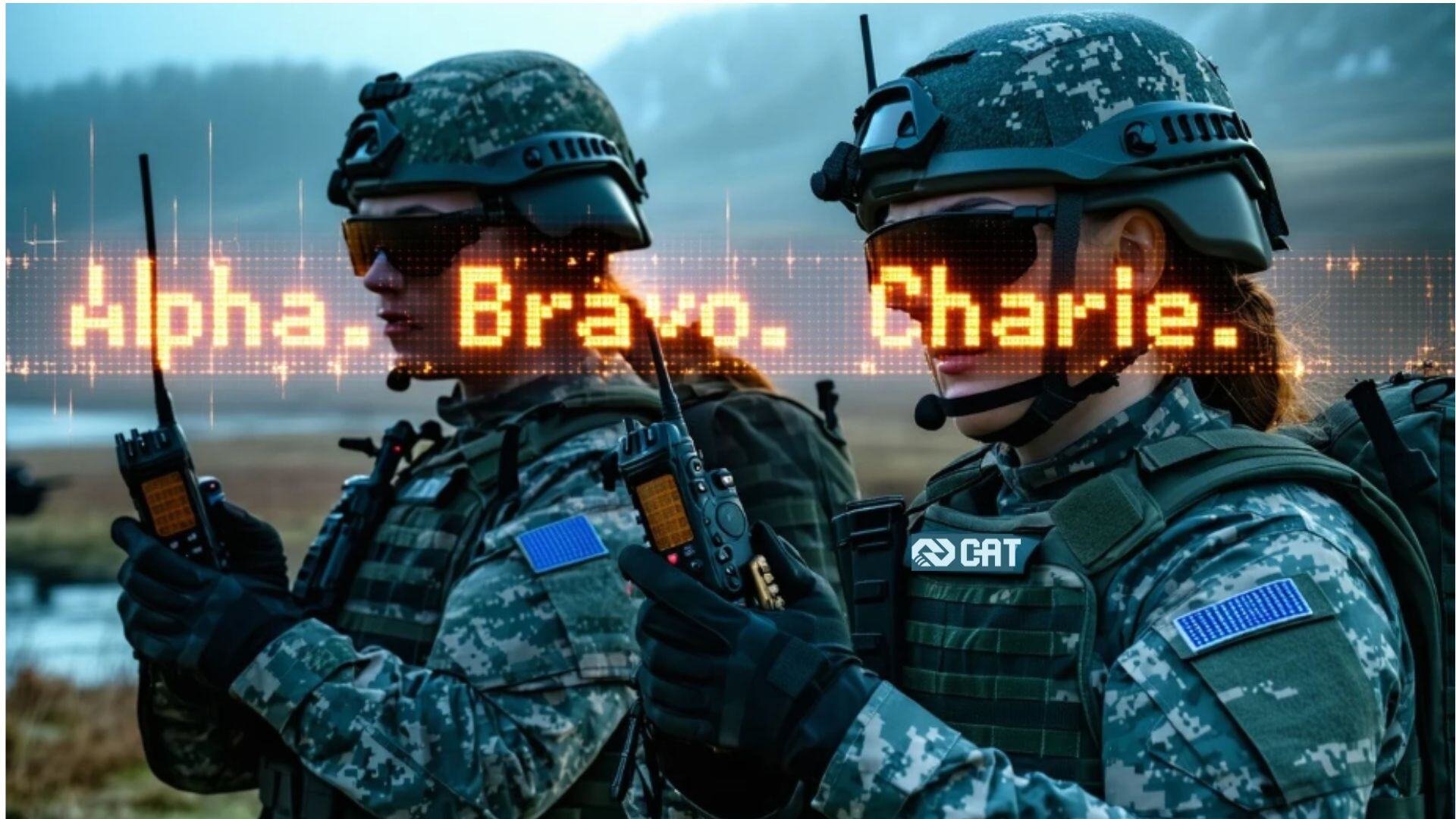 Soldiers on radios learning phonetic alphabet