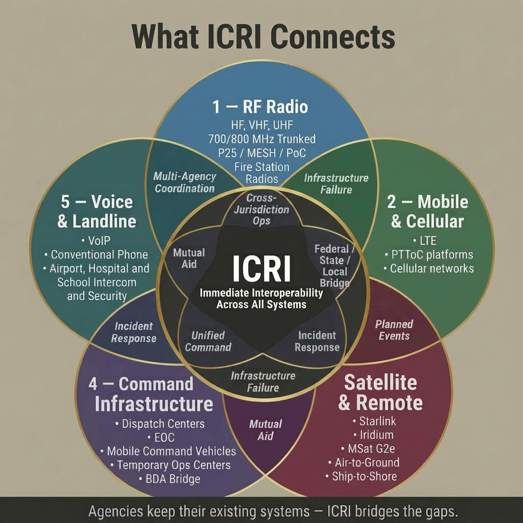 Diagram showing how ICRI connects public safety communications across RF radio, LTE/PTToC, satellite, command, VoIP, and landline systems.